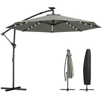 9.7 ft Cantilever Patio Umbrella with Solar Light, Garden Hanging Parasol with Cover, Tilt, Crank, Grey