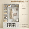 Hall Tree with Bench and Shoe Storage, Entryway Bench with Coat Rack, 12 Shelves, 2 Cabinets, 5 Hooks, White Wood Grain