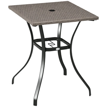 Patio Wicker Dining Table with Umbrella Hole, 34 Inch Outdoor PE Rattan Coffee Table with Plastic Board Under the Woven Table Top for Patio, Garden, Balcony, Light Grey