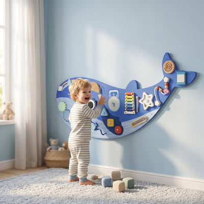 Qaba Whale Activity Wall Busy Board, 13 in 1 Montessori Sensory Wall Panel for Playroom Nursery Classroom Boys Girls 2+, Blue