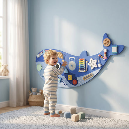 Whale Activity Wall Busy Board, 13 in 1 Montessori Sensory Wall Panel for Playroom Nursery Classroom Boys Girls 2+, Blue