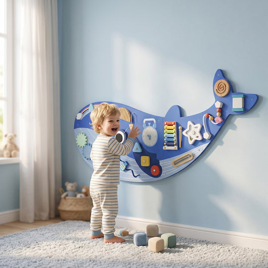 Whale Activity Wall Busy Board, 13 in 1 Montessori Sensory Wall Panel for Playroom Nursery Classroom Boys Girls 2+, Blue