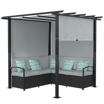 Wicker Patio Furniture, Outdoor PE Rattan Sofa Set with Retractable Canopy Pergola, Shade Shelter for Deck, Pool, Garden, Terrace, Grey