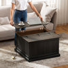 Lift Top Coffee Table with Charging Station, Square Farmhouse Center Table with Hidden Storage, White Wood Grain