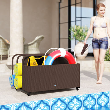 Rolling Pool Storage Rattan Patio Furniture Outdoor Storage Wicker Organizer for Floats, Paddles, Balls, Towels, Brown