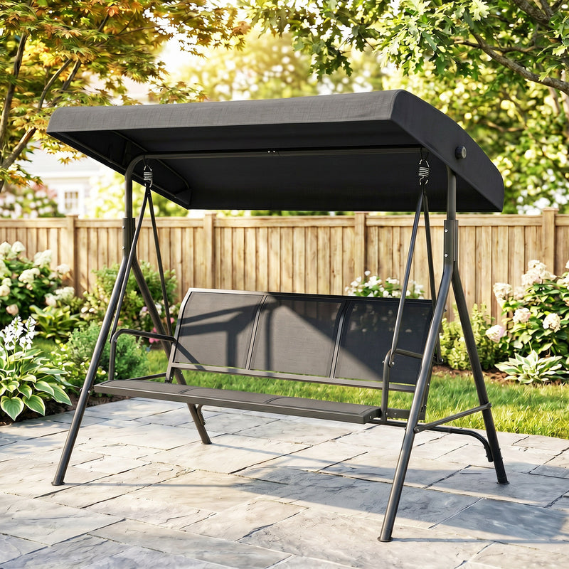 3-Seater Swing Chair Covered Garden Hammock A-Frame Outdoor Porch Glider Sling Seat with Adjustable Canopy Cover, Black