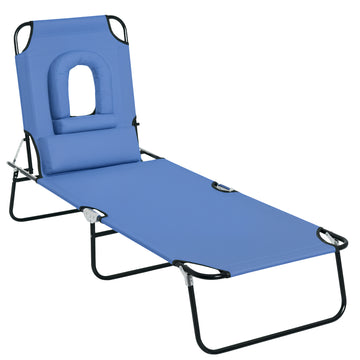 Adjustable Outdoor Lounge Chair, Garden Folding Chaise Lounge with Face Hole Reclining Tanning Chair Seat, Folding Camping Beach Lounging Bed w/ Support Pillow, Blue