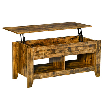 Table basse à plateau relevable avec compartiment de rangement caché et étagères ouvertes, table centrale escamotable pour salon, marron