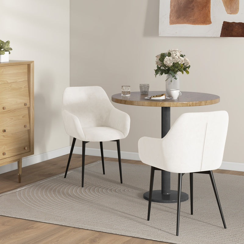 Dining Chairs Set of 2, Velvet-look Fabric Upholstered Kitchen Chairs with Backrest, Armrests and Steel Legs, Cream White