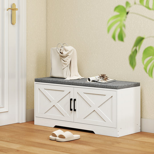 Shoe Bench with Cushion Shoe Storage Bench with Doors Adjustable Shelves for Entryway, White
