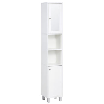 Tall Bathroom Storage Cabinet with Mirror, Freestanding Narrow Linen Tower Cabinet with Adjustable Shelves for Bathroom, White