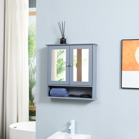 Medicine Cabinet, Wall-Mounted Bathroom Mirror Cabinet with Double Doors, Open Shelf, and Adjustable Shelf, Modern Bathroom Wall Cabinet, Grey