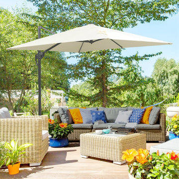 8'x8' Square Patio Hanging Offset Umbrella, Outdoor Cantilever Parasol w/ Cross Base, Cream White