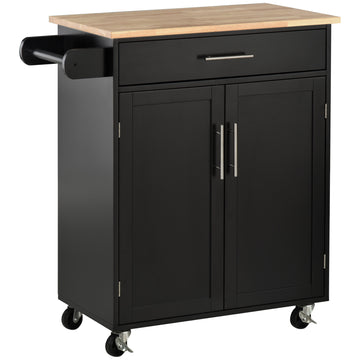 Rolling Kitchen Island Cart with Wood Top, Enough Storage Drawer Space with Towel Bar Rack Shelves, Portable Kitchen Utility Serving Cart Trolley on Wheels, Black