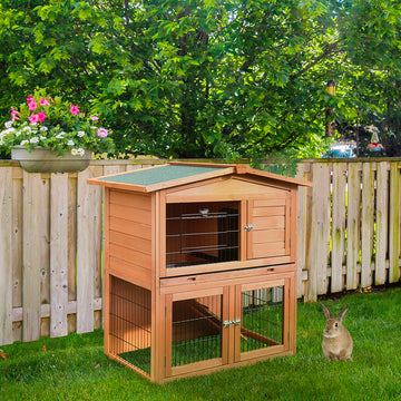 2 Tier Rabbit Hutch Guinea Pig Hutch Ferret Cage with Ramp Slide Out Tray for Indoor Outdoor 39.6