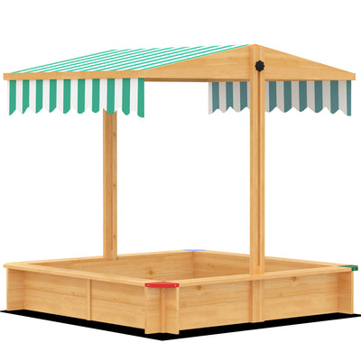 Wooden Sandbox with Cover, Kids Sandbox Outdoor with Adjustable Canopy and Seats for Backyard, Beach, Light Brown
