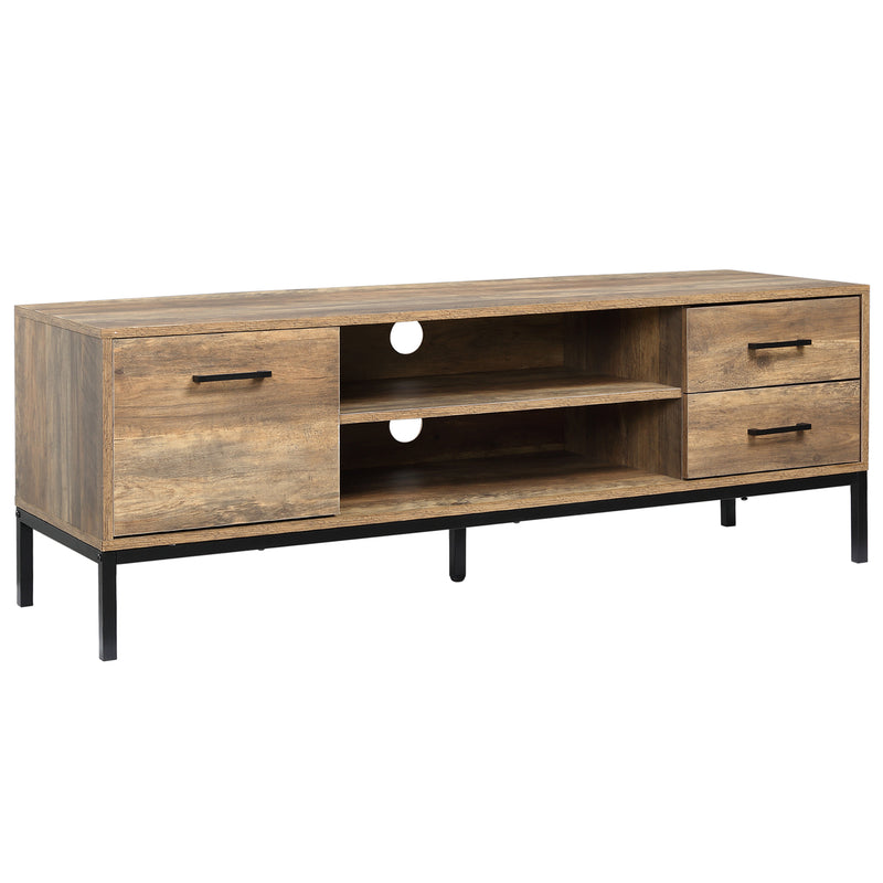 Meuble télé pour téléviseur jusqu'à 50 pouces, Armoire télé avec porte, rangement ouvert et tiroirs, Table télé avec pattes en acier, Café