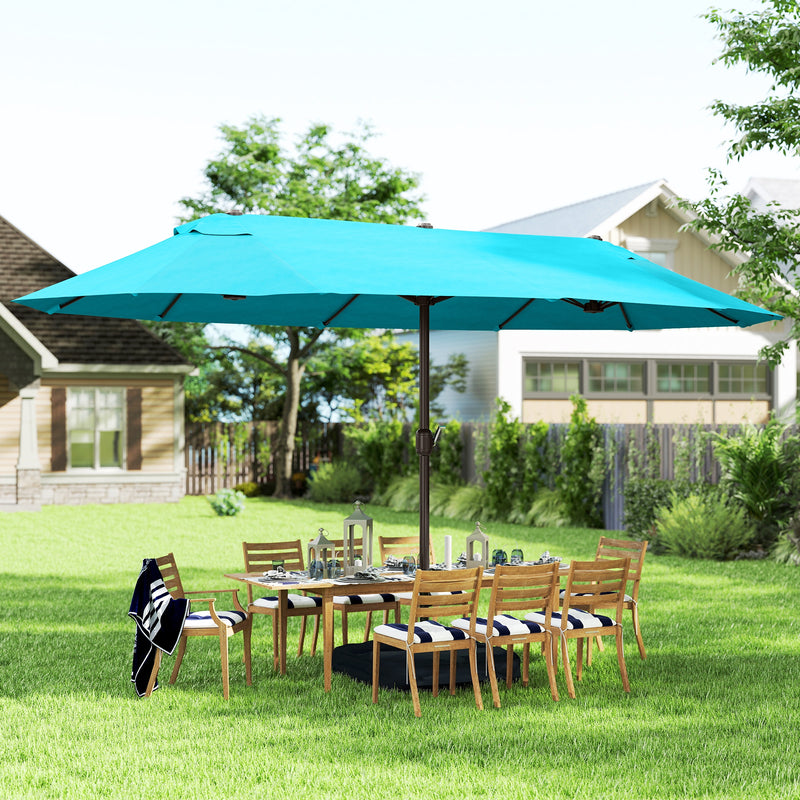 15' Outdoor Patio Umbrella with Twin Canopy Sunshade Steel Table Umbrella w/ Lift Crank, Cross base, Sandbag, Light Blue