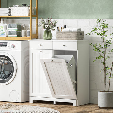 Laundry Cabinet, Tilt Out Laundry Hamper Cabinet with 2 Baskets, Bathroom Hamper Cabinet with 2 Drawers, White