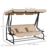 3-Seat Outdoor Patio Swing Chair, 2-in-1 Convertible Flat Bed, Canopy Swing with Adjustable Shade, Removable Cushions, Cup Holder, Light Brown