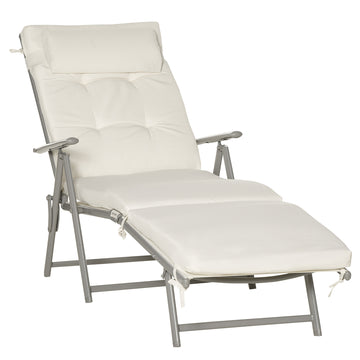 Outdoor Folding Chaise Lounge Chair Recliner with Portable Design, Adjustable Backrest, Cushion and Headrest, Cream White