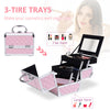 3 Tier Diamond Texture Makeup Train Case Cosmetic Organizer with Mirror, Pink