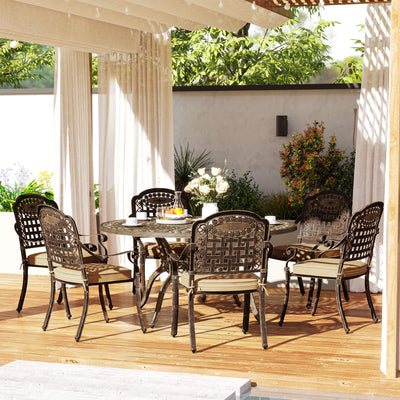 7 Pieces Outdoor Dining Set for 6, Aluminum Patio Table and Chairs Furniture Set with Umbrella Hole, Cushions, Bronze