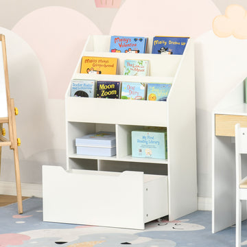 Kids Bookshelf Bookcase Multi-Shelf Rack Organizer with Storage Drawer for Books for Reading Nook, Classroom, Bedroom, Playroom, White