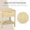 Narrow Nightstand with Rattan Elements, Bedside Table with Drawer and Storage Shelf for Bedroom, Natural