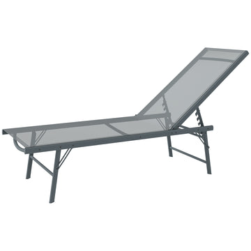 Folding Outdoor Lounge Chair, Reclining Chaise Lounge Tanning Chair w/ Adjustable Back, Mesh Seat, Light Grey