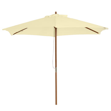 8FT Wood Market Umbrella Patio Umbrella Round Garden Parasol Canopy with Bamboo Ribs and Top Vent, Cream White