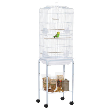 Grande cage à oiseaux roulante de 62 po avec perchoir de jeu pour cacatoès et pinsons, fournitures pour animaux, étagère de rangement, roues - Blanc