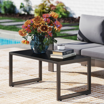 Outdoor Coffee Table, Patio Coffee Table with Slatted Tabletop, Adjustable Foot Pads for Garden, Patio, Lawn, Black