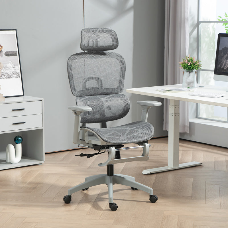 Ergonomic Office Chair with Lumbar Support, Mesh Office Chair with 3D Armrest, 135° Reclining, Adjustable Headrest, Grey
