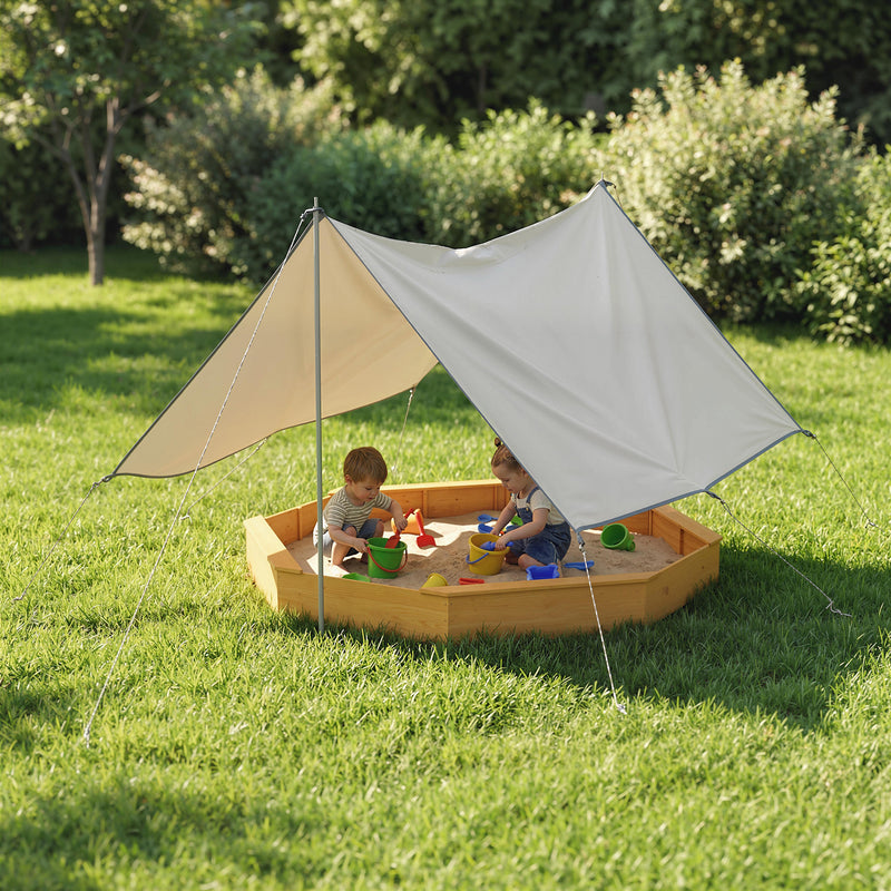 Qaba Wooden Kids Wooden Sandbox with Large Canopy, Outdoor Sand Box with 4 Bench Seats, Bottom Liner for Aged 3-8, Yellow
