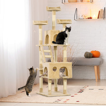 71-Inch Multi Level Scratching Cat Tree Kitty Condo Activity Center with Toys, Beige