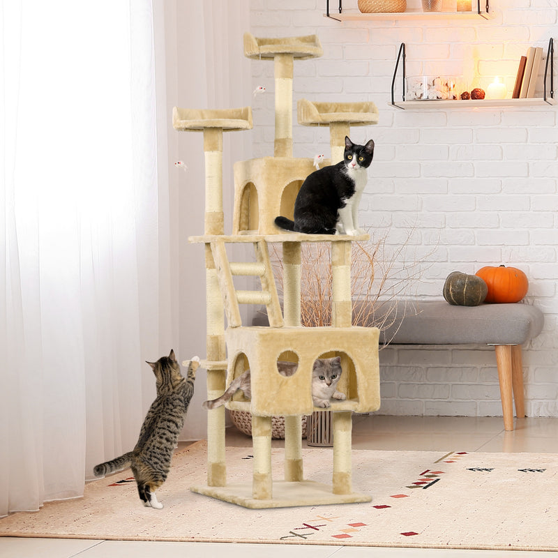 71-Inch Multi Level Scratching Cat Tree Kitty Condo Activity Center with Toys, Beige