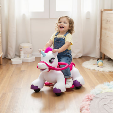 Qaba 12V Unicorn Ride on Toy, Battery Powered Kids Electric Ride on Horse with Carrot Toy, Comb, Animal Sounds, for Age 18-36 months