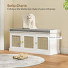 Shoe Storage Bench with Woven Rattan Doors, Shoe Bench with Cushion, Adjustable Shelves, Entryway Bench, White