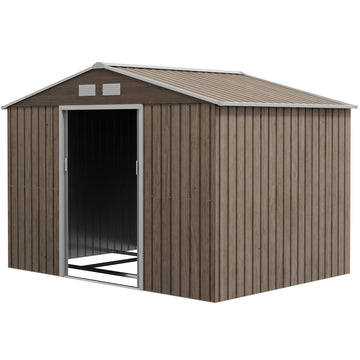 11' x 9' Metal Storage Shed Garden Tool House with Double Sliding Doors, 4 Air Vents for Backyard, Patio, Lawn Dark, Distressed Light Brown