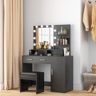 Illuminated Dressing Table Set, LED Vanity Table Set with Stool, LED Mirror, Drawer and Cabinet Shelves for Bedroom