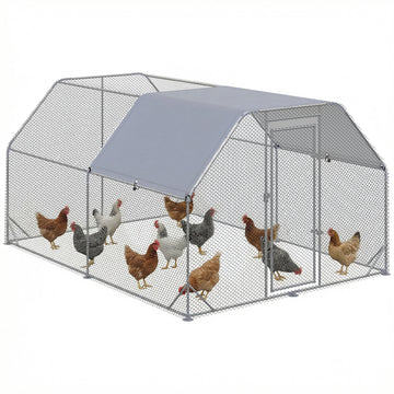 Chicken Run, Galvanized Large Metal Chicken Coop Cage, Walk-in Enclosure Poultry Hen Run House Playpen Rabbit Hutch with Flat Roof, Cover, 9.2' x 12.5' x 6.5', Silver