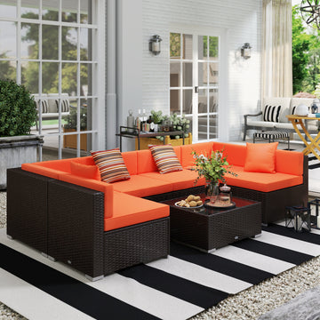 7 Pieces Patio Furniture Set, Rattan Conversation Set Garden Wicker Sofa Set with Washable Cushions and Coffee Table, for Deck Balcony Yard, Orange