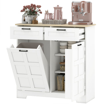 13 Gallon Tilt Out Garbage Cabinet, Kitchen Island with Trash Cabinet, 2 Drawers, Door Racks, Adjustable Shelves, White