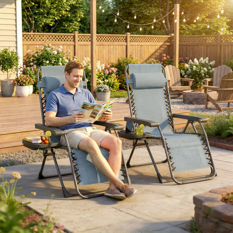 Zero Gravity Chair Set of 2, Folding Reclining Outdoor Lounge Chair with Cup Holder, Headrest, Light Grey