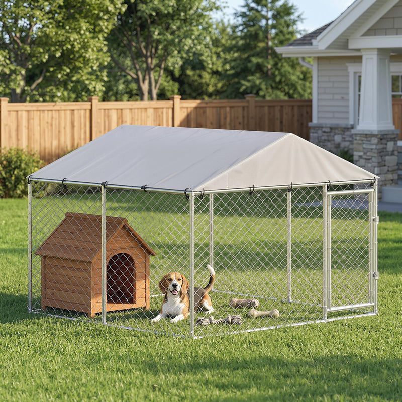 7.5' x 7.5' x 5.6' Outdoor Dog Kennel Heavy Duty Galvanized Steel Chain Link with UV-resistant Roof, Silver