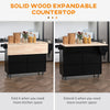 Kitchen Island with Storage, Rolling Kitchen Island with Drop Leaf, Rubber Wood Top and Adjustable Shelves, Black