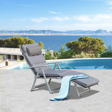 Outdoor Folding Chaise Lounge Chair Recliner with Portable Design, Adjustable Backrest, Cushion and Headrest, Grey