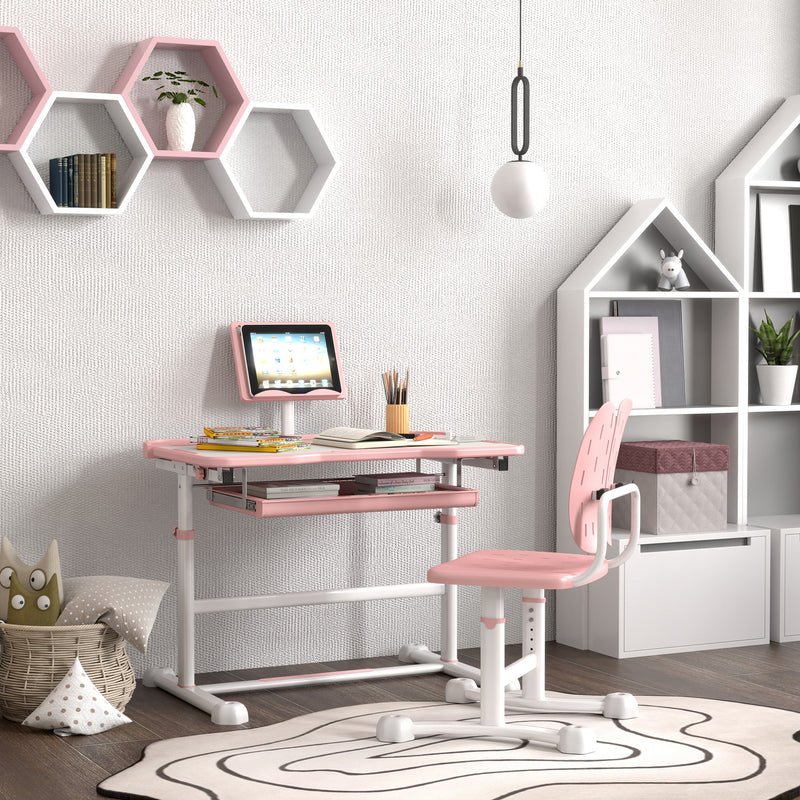 Qaba Height Adjustable Kids Desk and Chair Set with Tilt Desktop, Large Writing Board, Storage Drawer, Book Stand, Pink