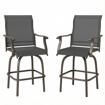 Outdoor Bar Stools Set of 2, Swivel Bar Height Chairs with High Back, Curved Armrests and Steel Frame for Balcony, Black